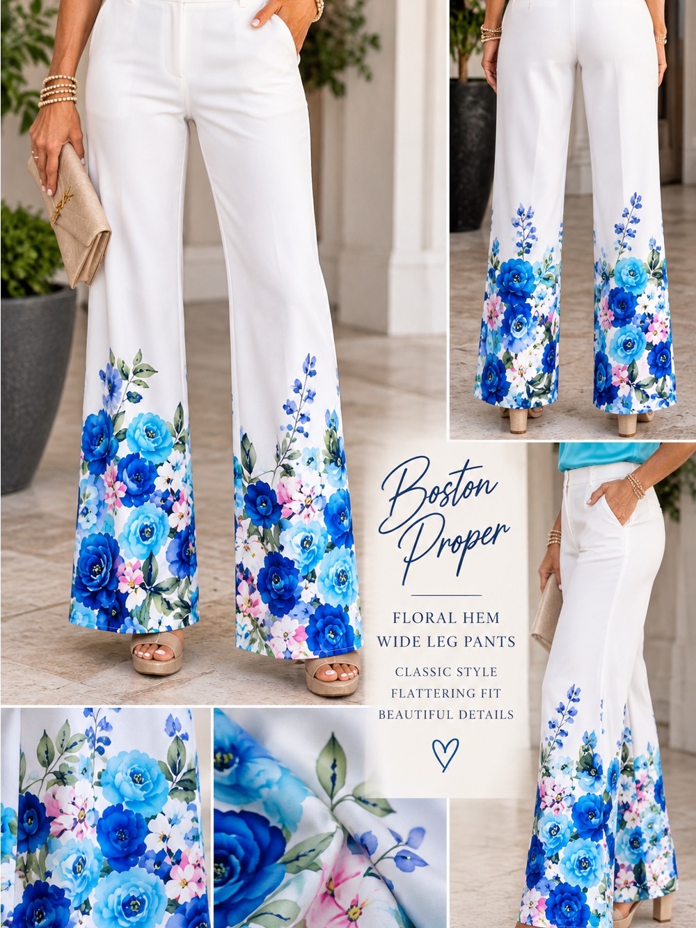 Boston Proper White Blue Floral Wide Leg Pants Size 2 NWOT